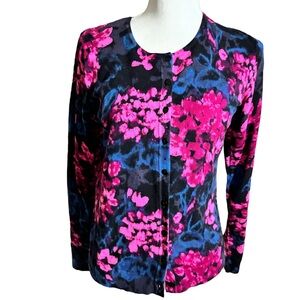 August Silk Abstract Floral Print Button Longsleeve Cardigan Size Medium Petite